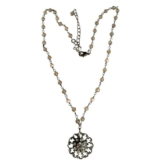 VTG Dainty Rhinestone Faux Pearl Gun Metal Victorian Revival Pendant Necklace - Picture 2 of 7